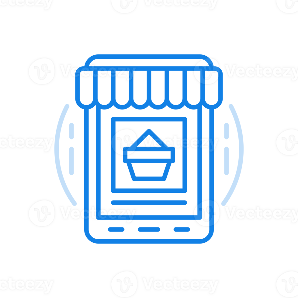 Shopping in web app line icon. Smartphone with canopy and packaging center screen. png