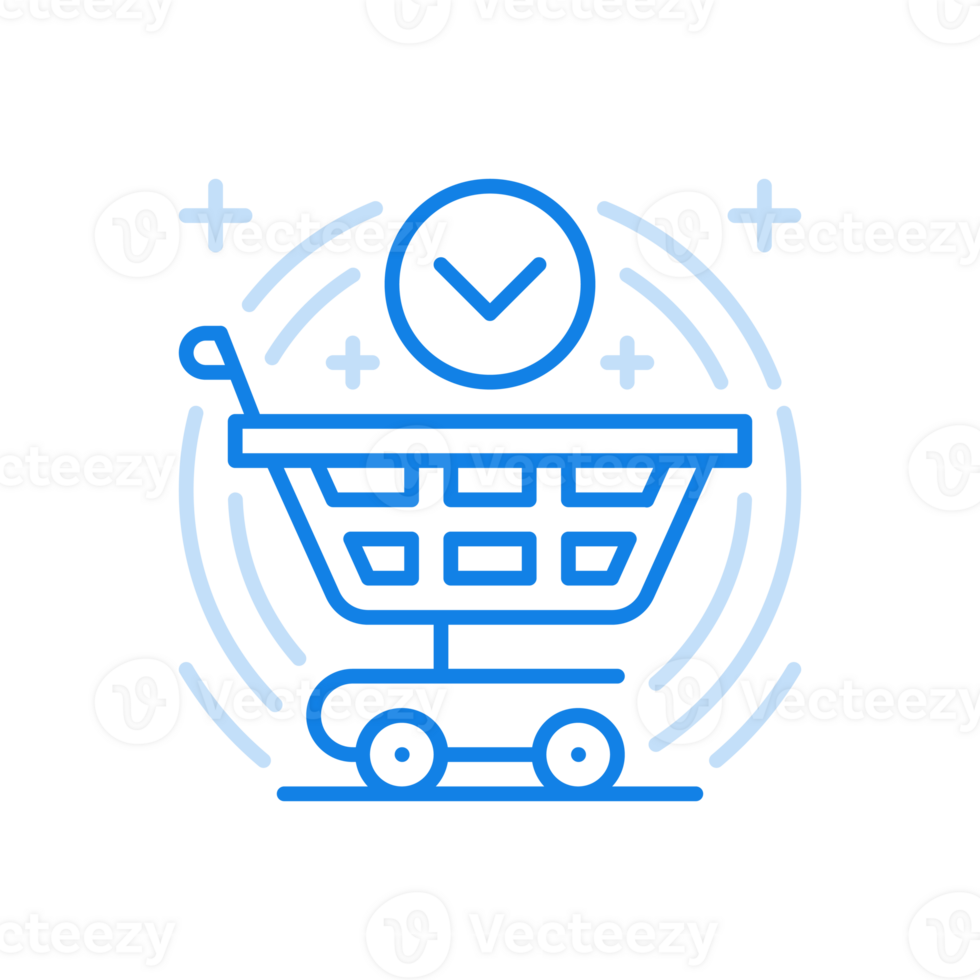Filled shopping cart line icon. Basket on wheels with check mark in circle. png