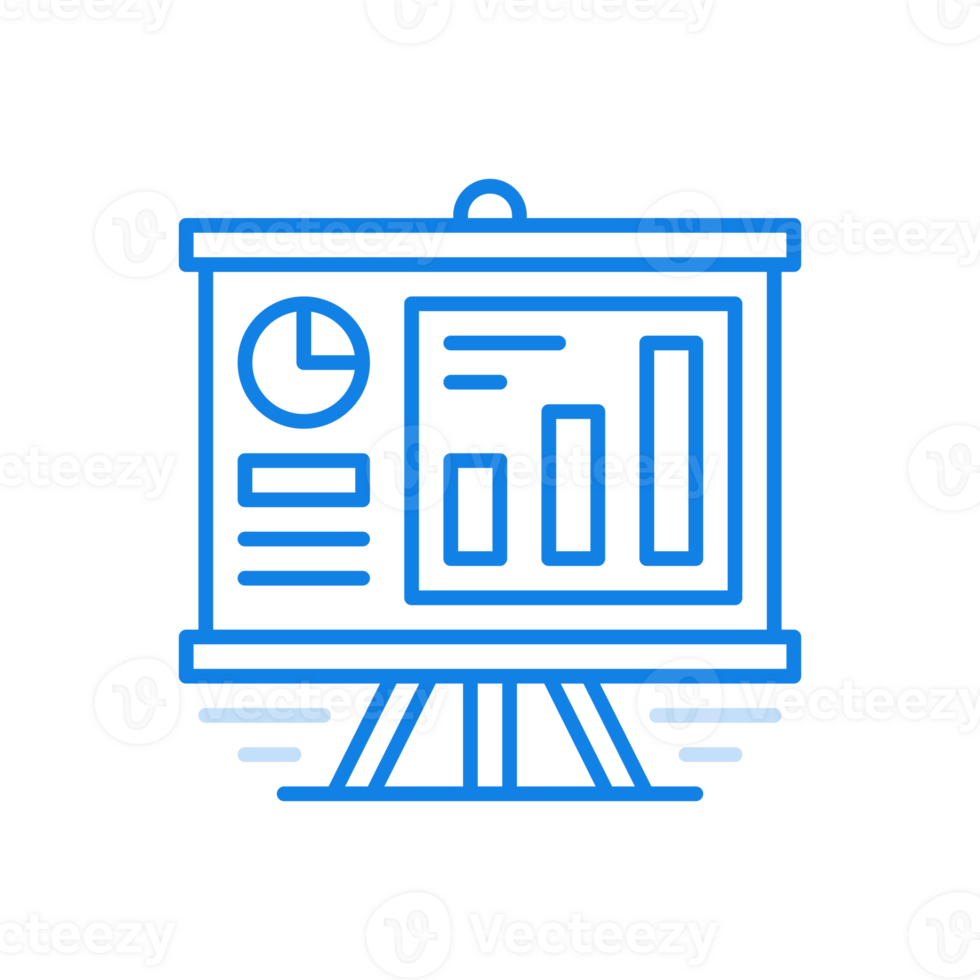 Stand with statistical infographics line icon. Information columns with presentation pie charts. png