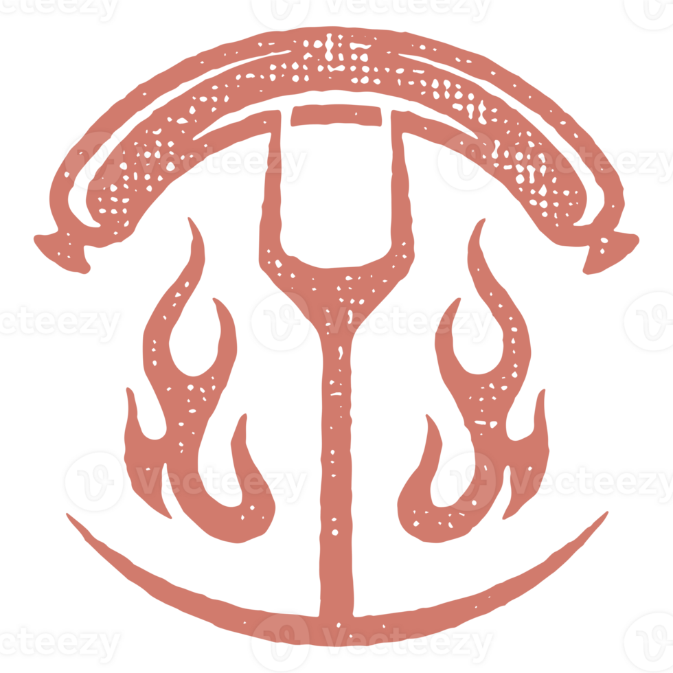 Fork with grilled sausage silhouette and open flame hand drawn stamp effect illustration png
