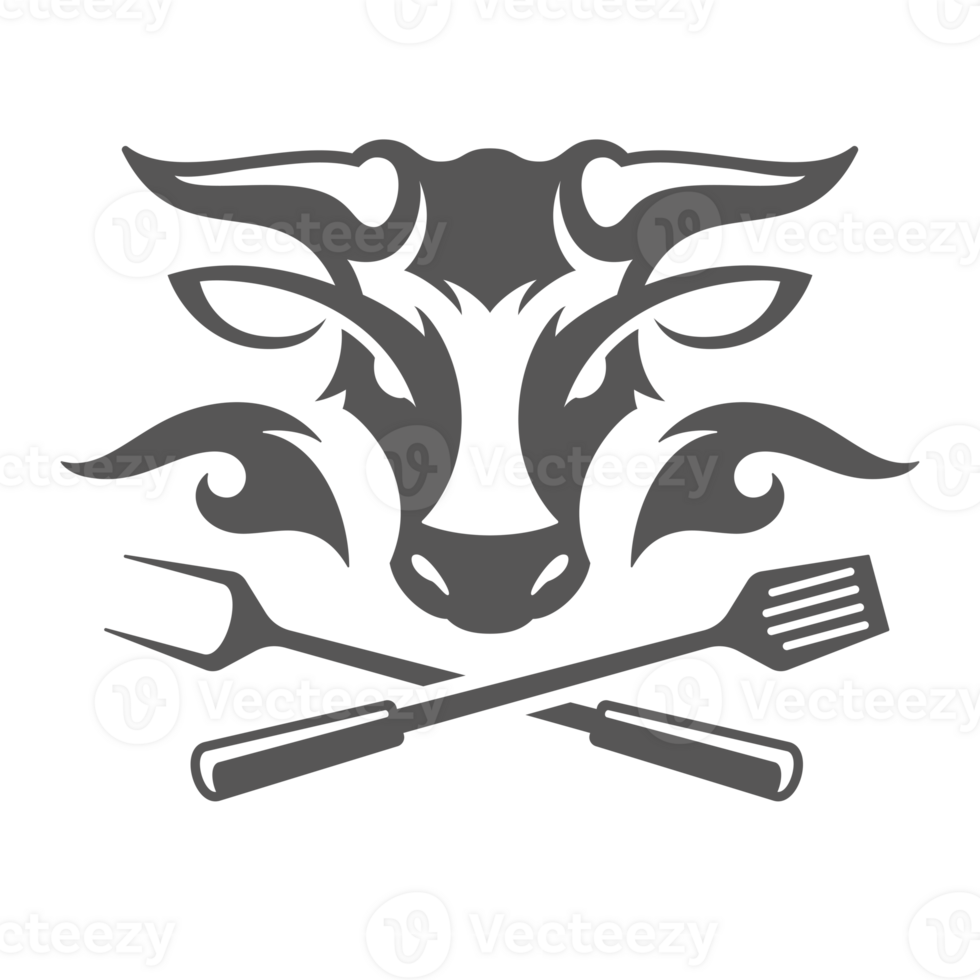 Cow head with fork and spatula silhouette vintage hand drawn illustration. png