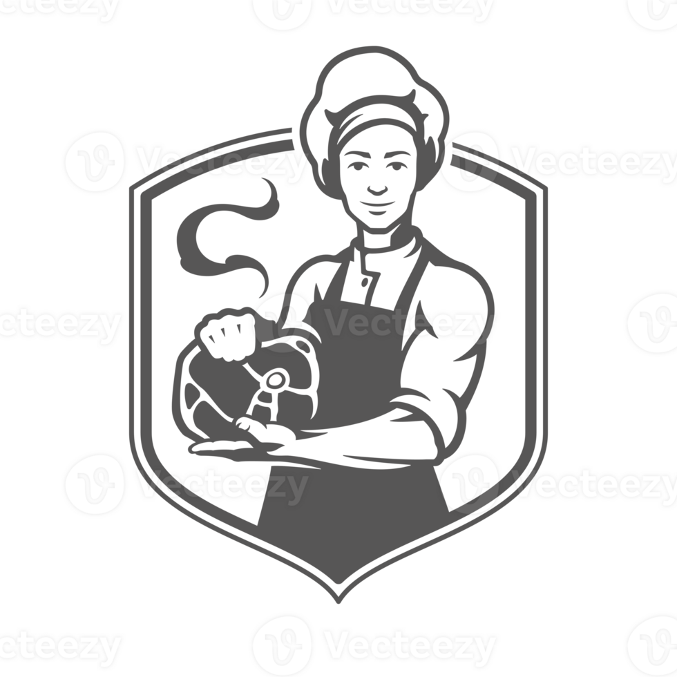 Chef man holding meat steak silhouette vintage hand drawn illustration. png