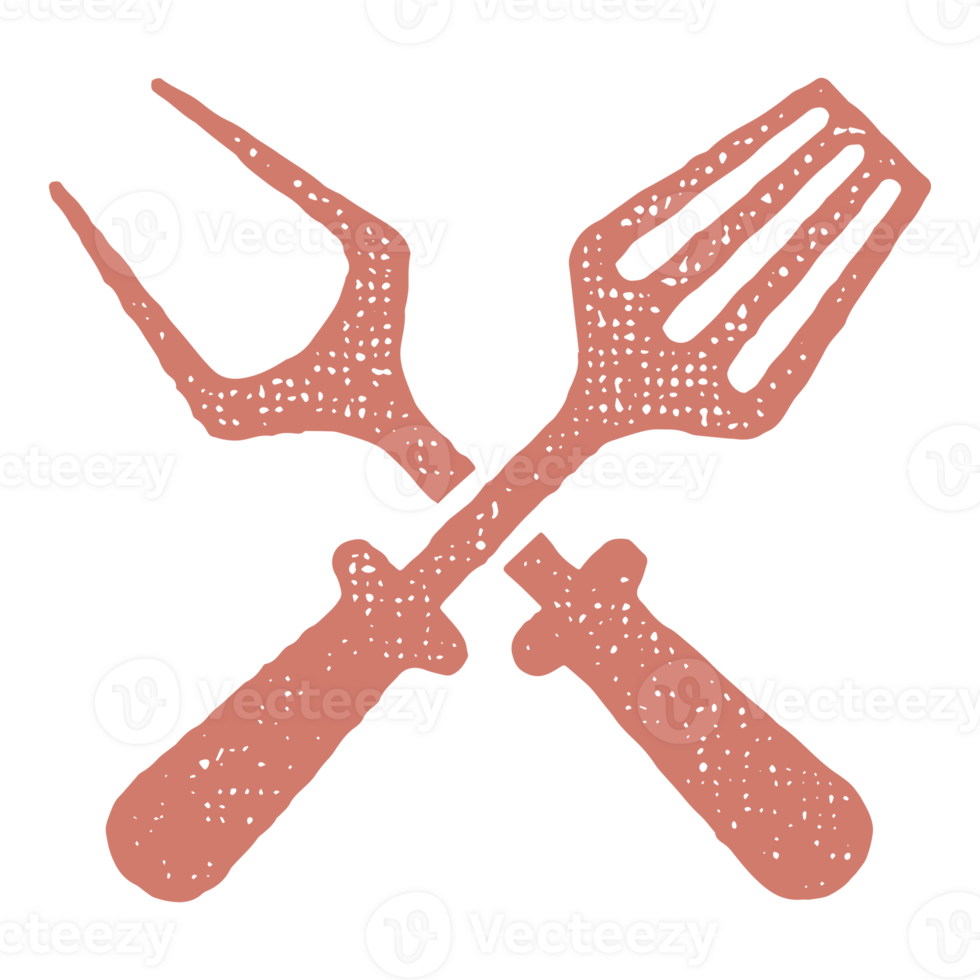 Crossed barbecue tools for grilling hand drawn stamp effect illustration png
