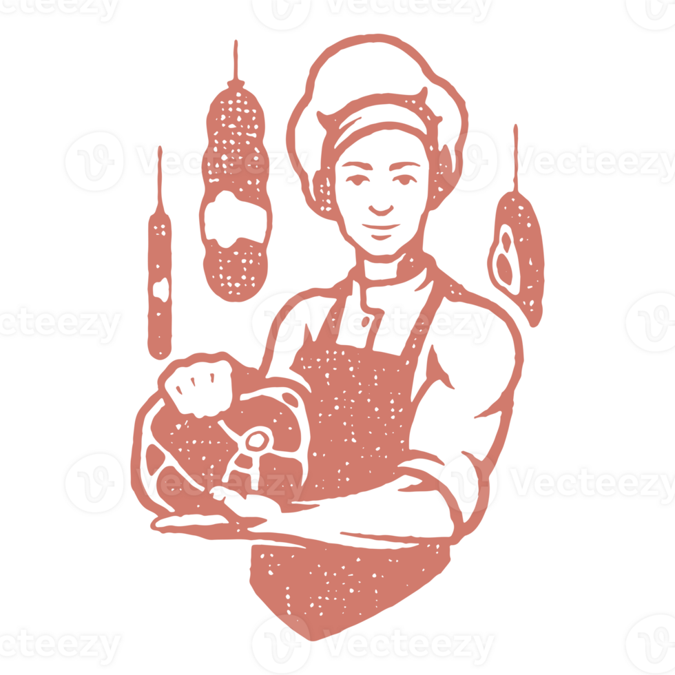 Chef man holding meat steak hand drawn stamp effect illustration png
