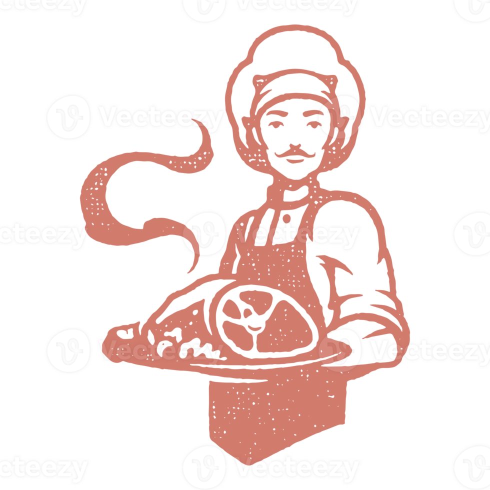 Chef man holding meat dish hand drawn stamp effect illustration png
