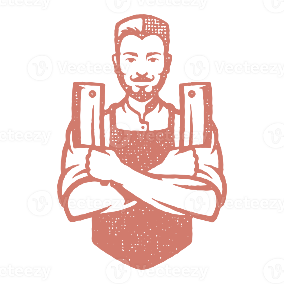 Butcher man holding two hatchets hand drawn stamp effect illustration png