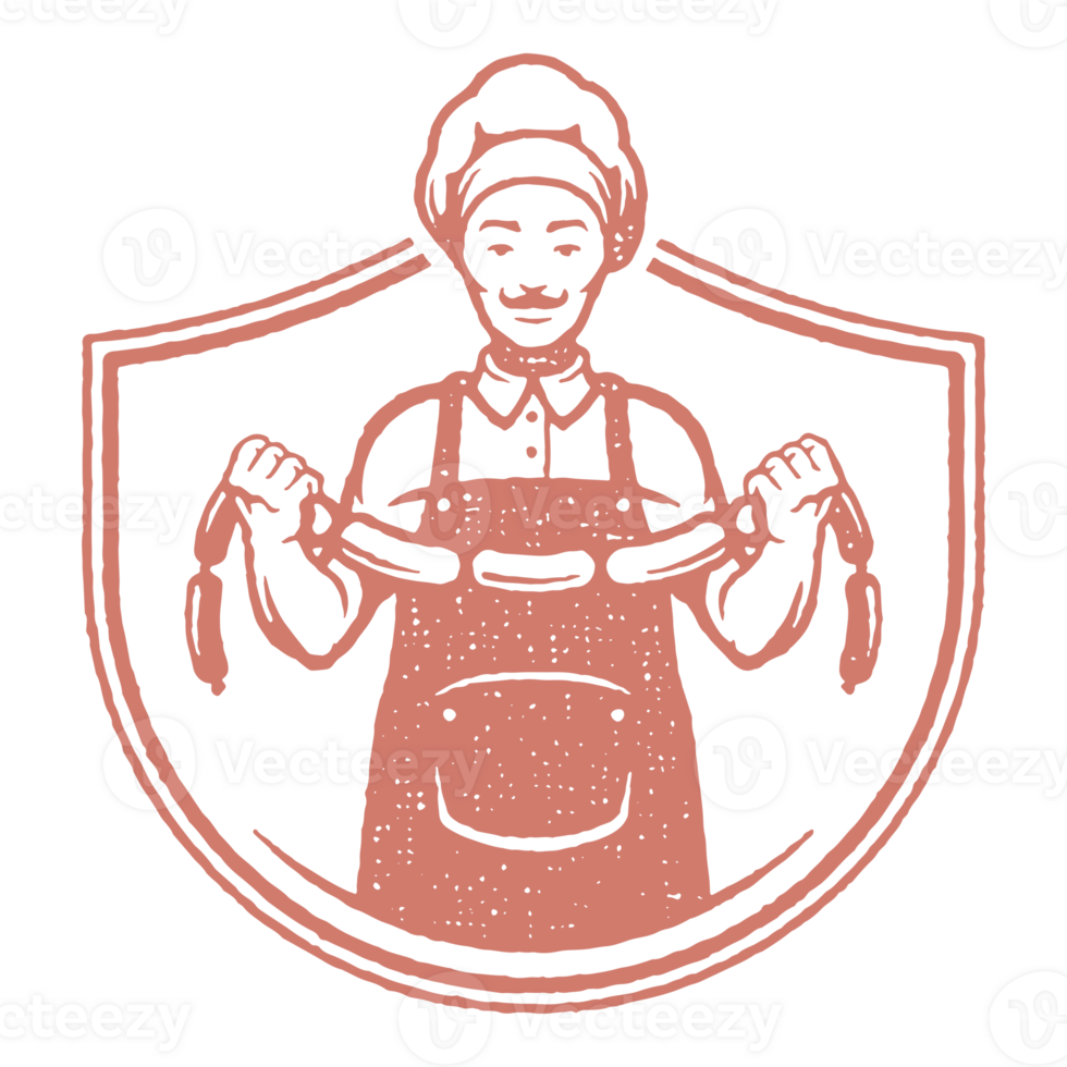 Chef man holding meat sausages hand drawn stamp effect illustration png