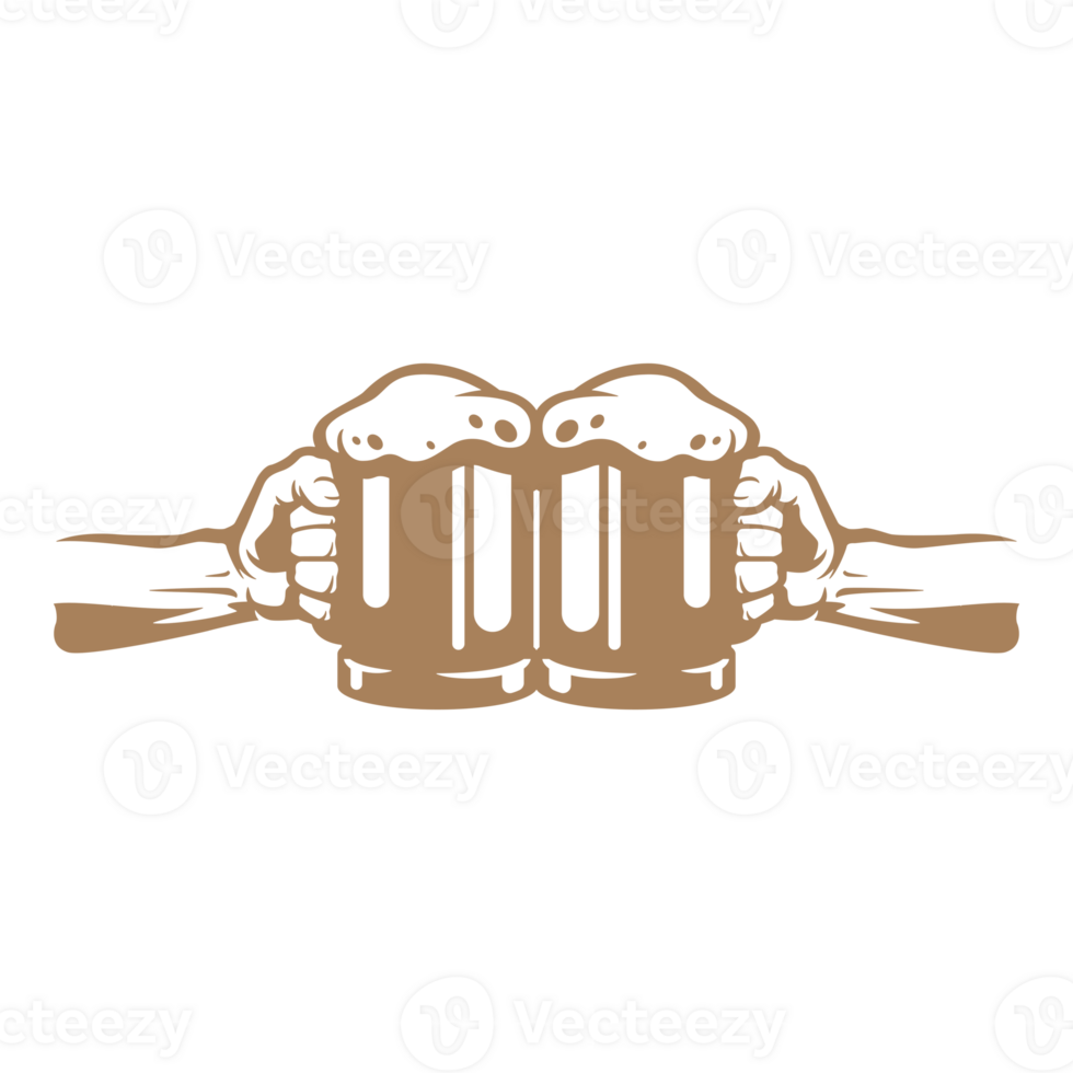 Male hands clinking glasses with beer hand drawn silhouette illustration for retro logo design png