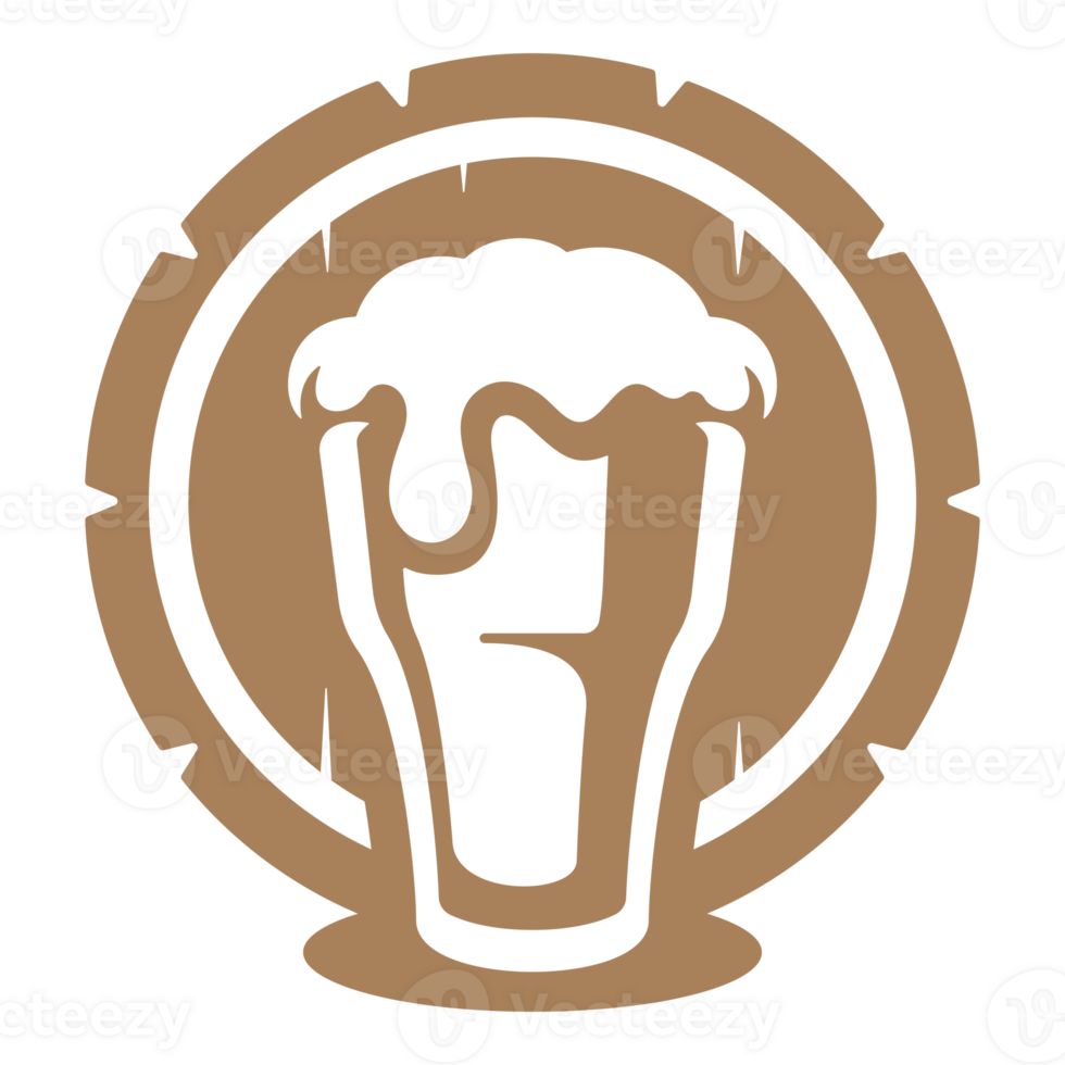 Beer glass with wooden barrel hand drawn silhouette illustration for retro logo design png