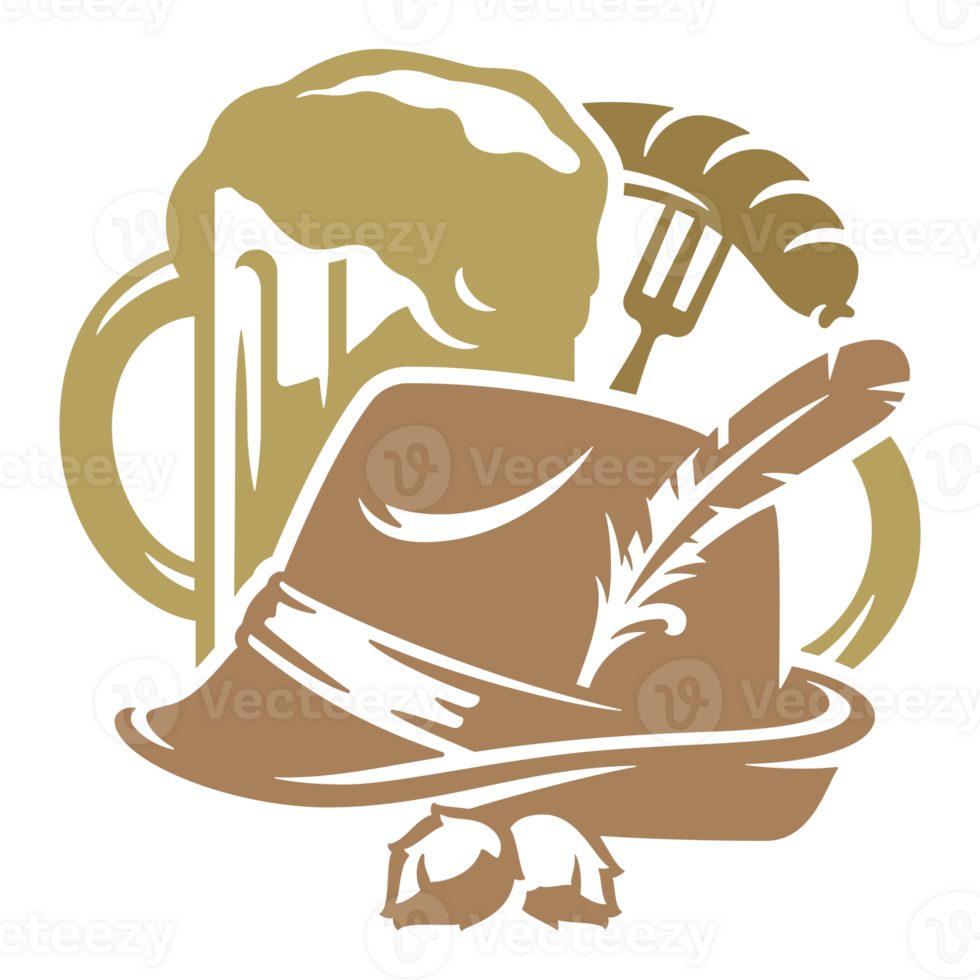 Mug of beer and a German hunting hat hand drawn silhouette illustration for retro logo design png