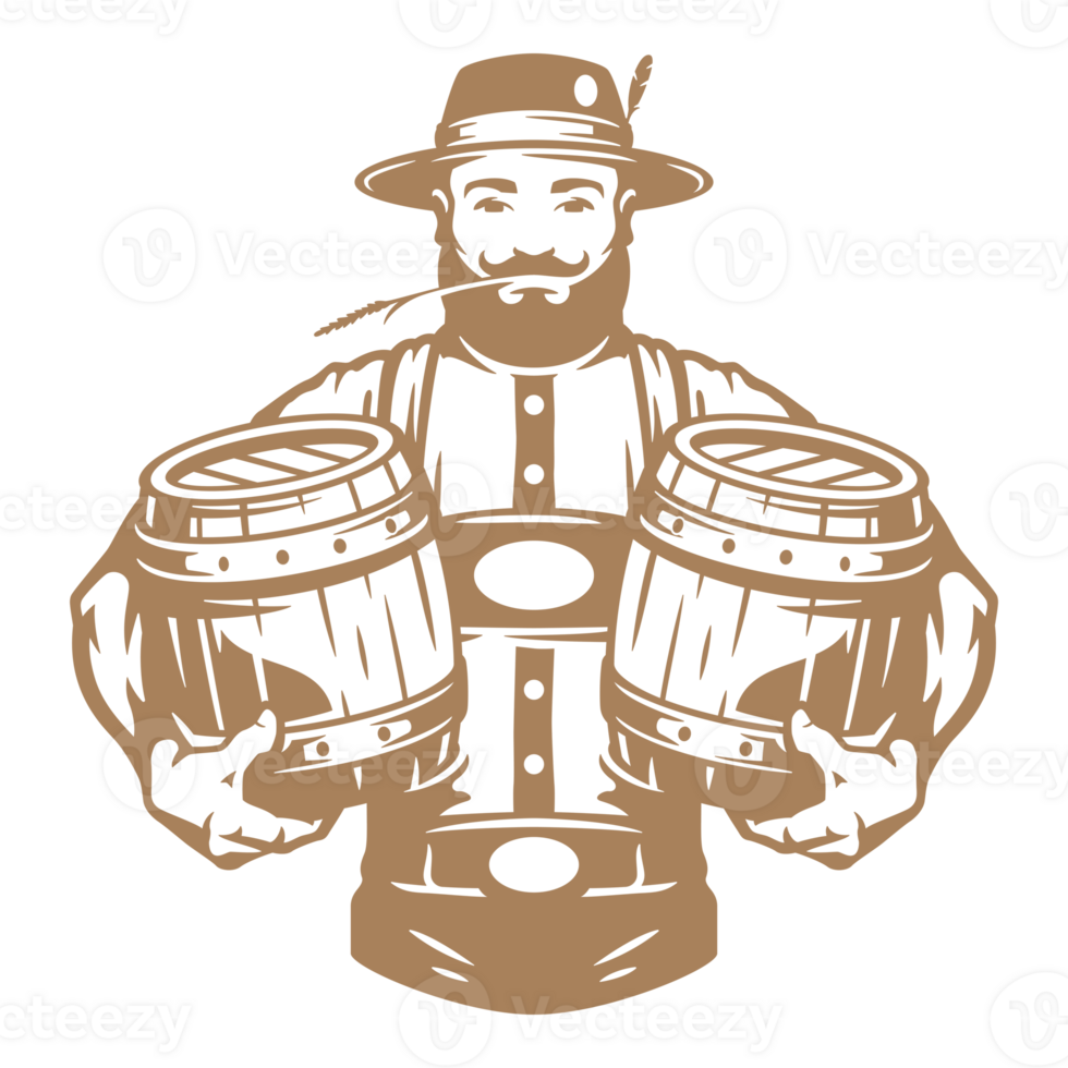 Man in traditional German costume holding two kegs of beer hand drawn silhouette illustration for retro logo design png