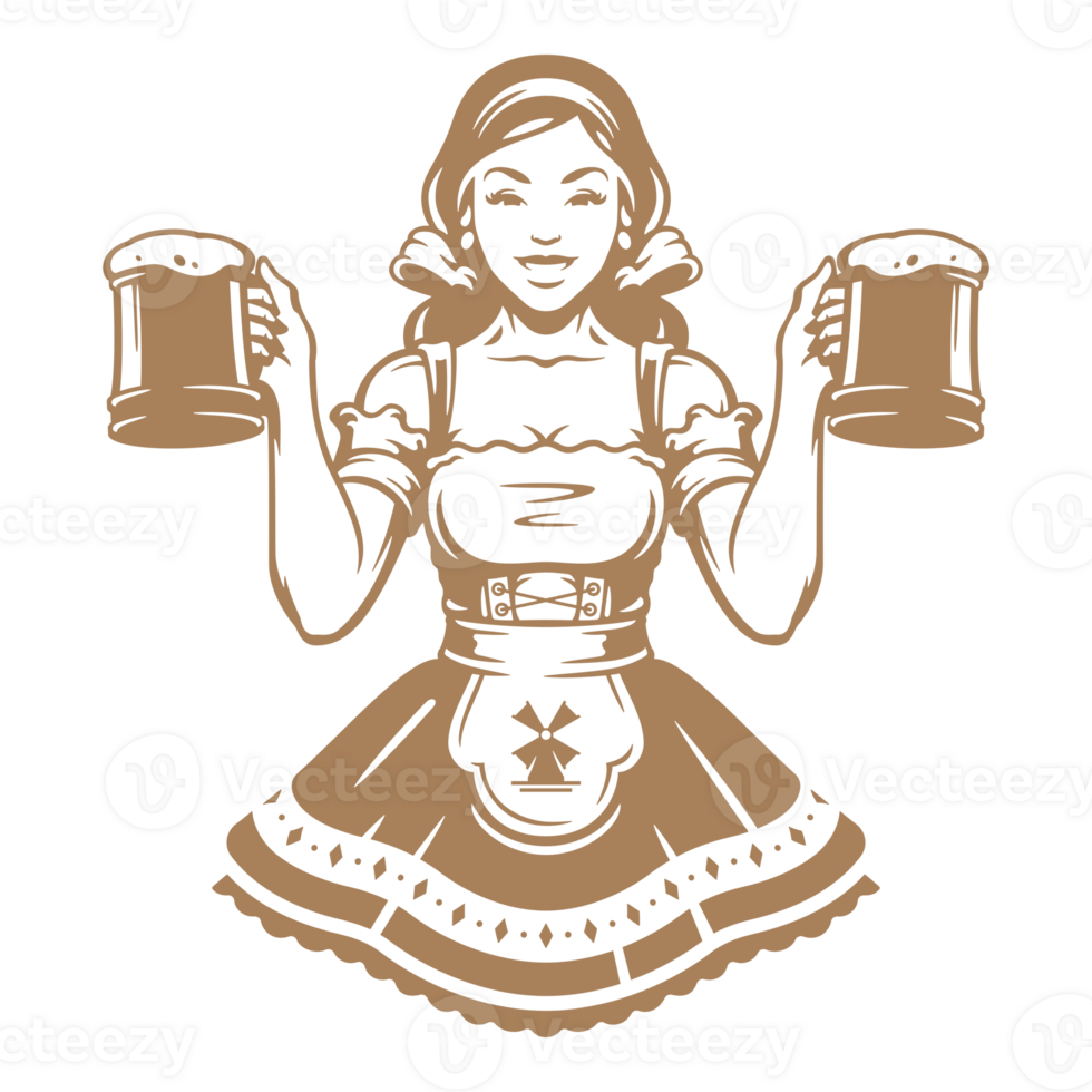Waitress in traditional German costume holding beer mugs hand drawn silhouette illustration for retro logo design png