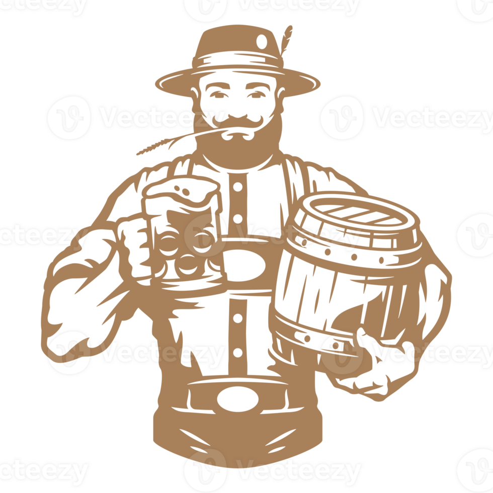 Man in traditional German costume holding keg and mug of beer hand drawn silhouette illustration for retro logo design png