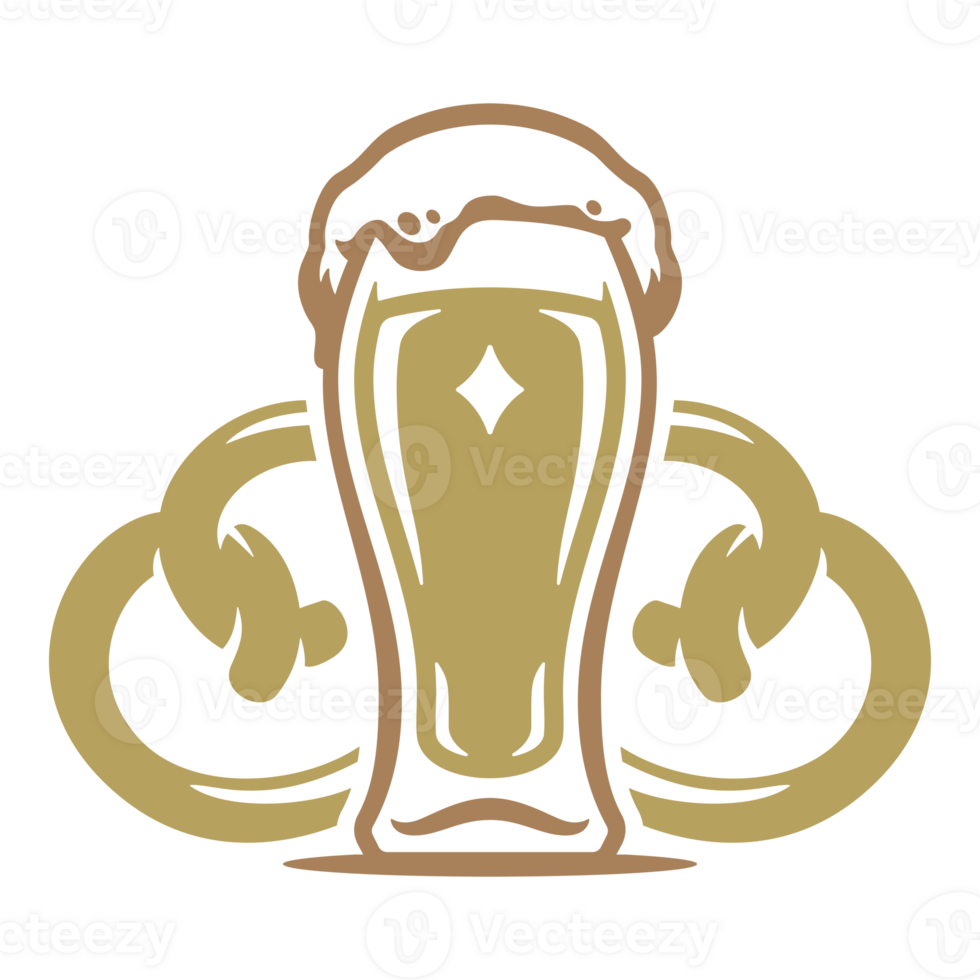 Glass of beer and two pretzels hand drawn silhouette illustration for retro logo design png