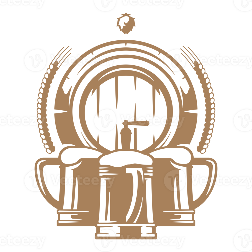 Three mugs of beer with wooden barrel hand drawn silhouette illustration for retro logo design png
