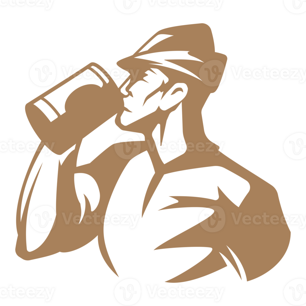 Man in hunting hat drinks beer hand drawn silhouette illustration for retro logo design png