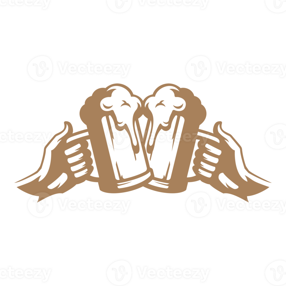 Male hands clinking glasses with beer hand drawn silhouette illustration for retro logo design png