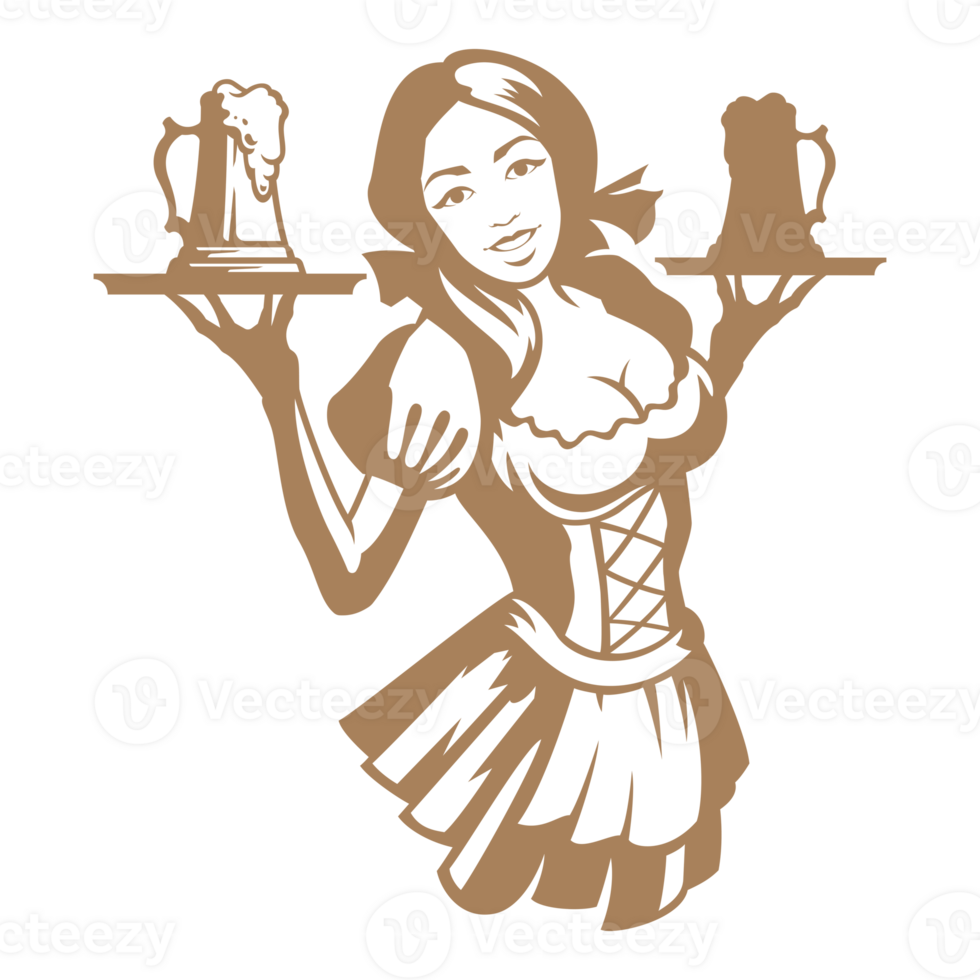 Waitress in traditional German costume holding two trays with beer mugs hand drawn silhouette illustration for retro logo design png