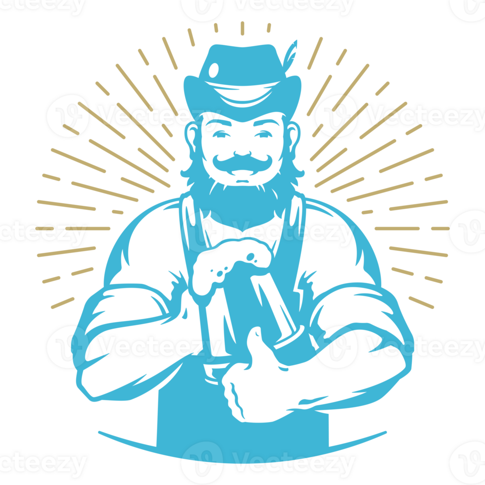 Man in traditional German costume holding mug of beer hand drawn silhouette illustration for retro logo design png