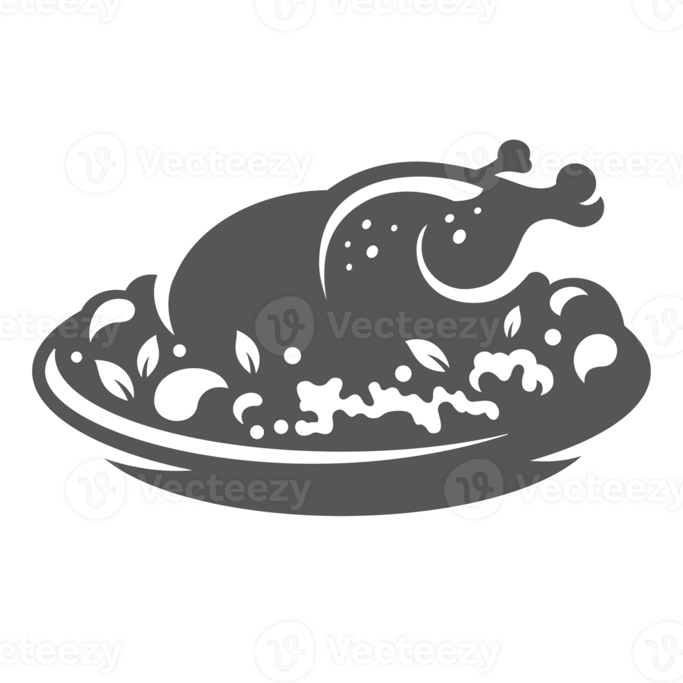 Baked turkey on plate hand drawn silhouette illustration for vintage logo design png