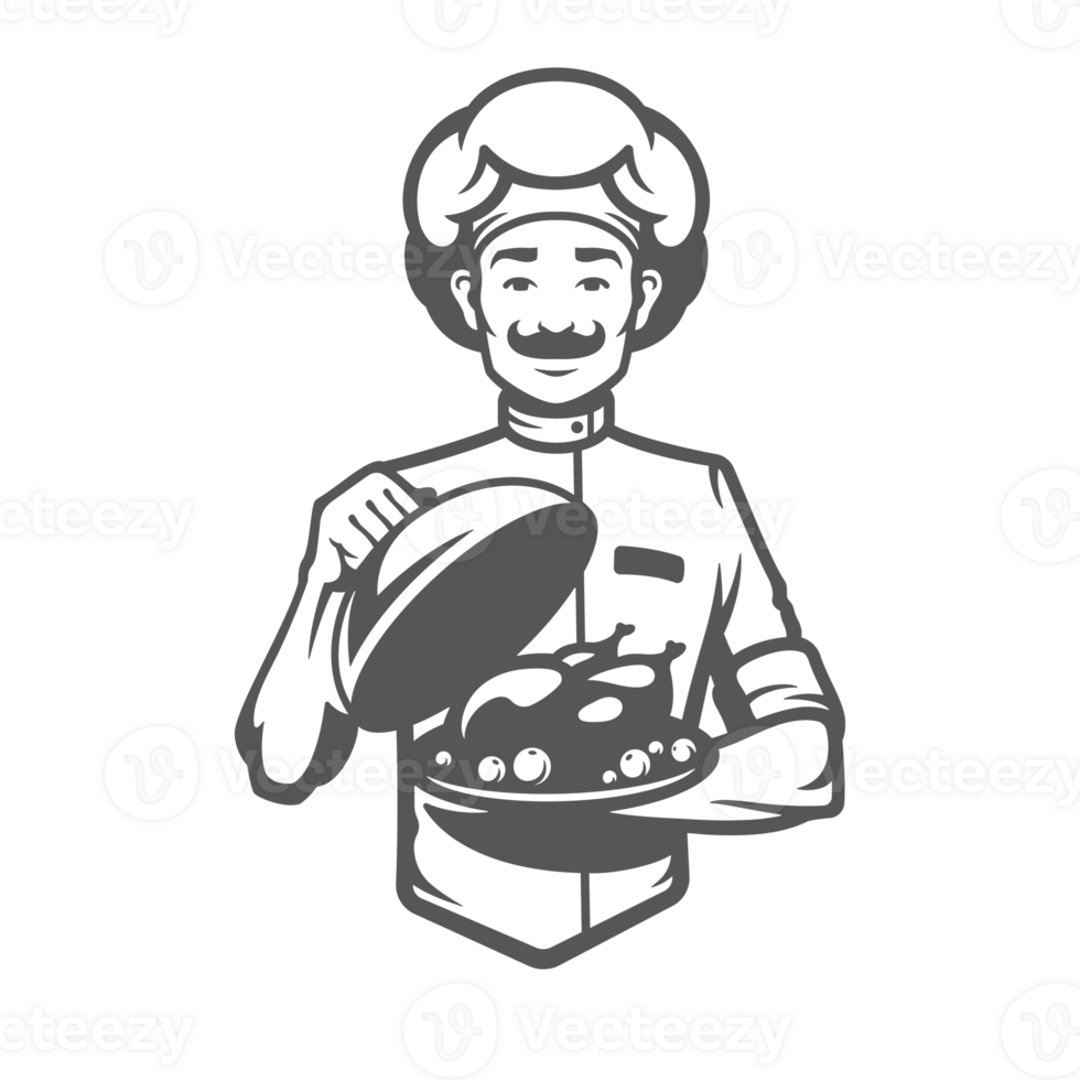Chef men holding dish hand drawn silhouette illustration for vintage logo design png