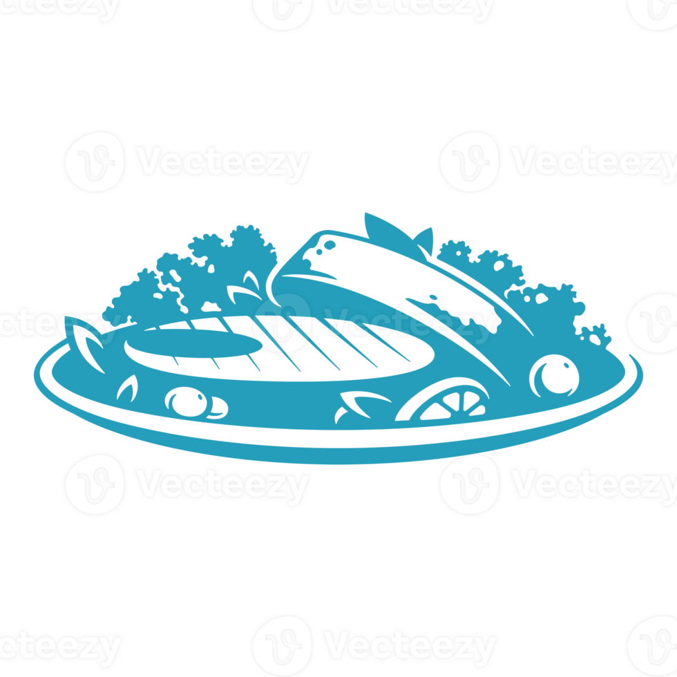 Two steaks of red fish salmon on plate hand drawn silhouette illustration for retro logo design png