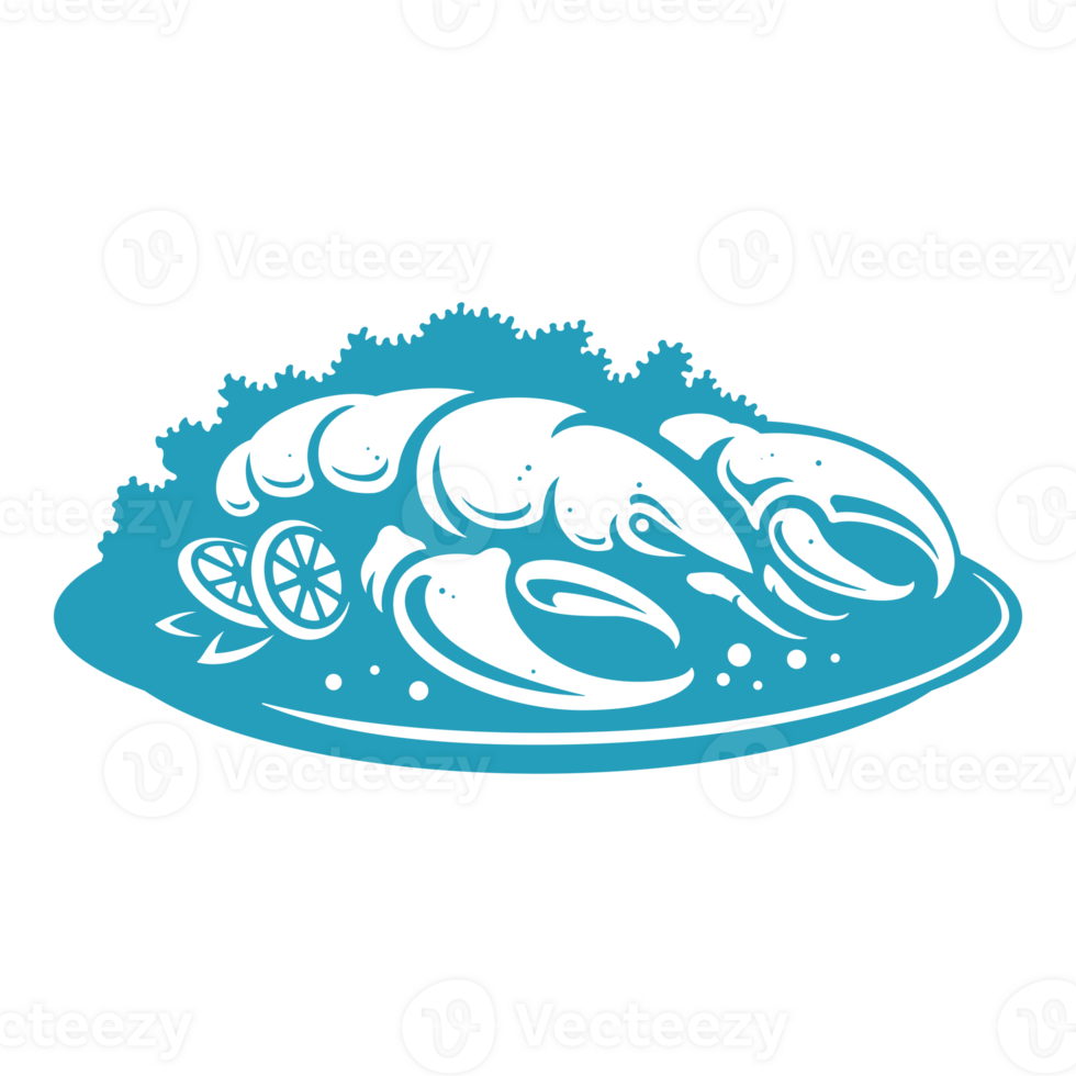 Lobster served on a platter hand drawn silhouette illustration for retro logo design png