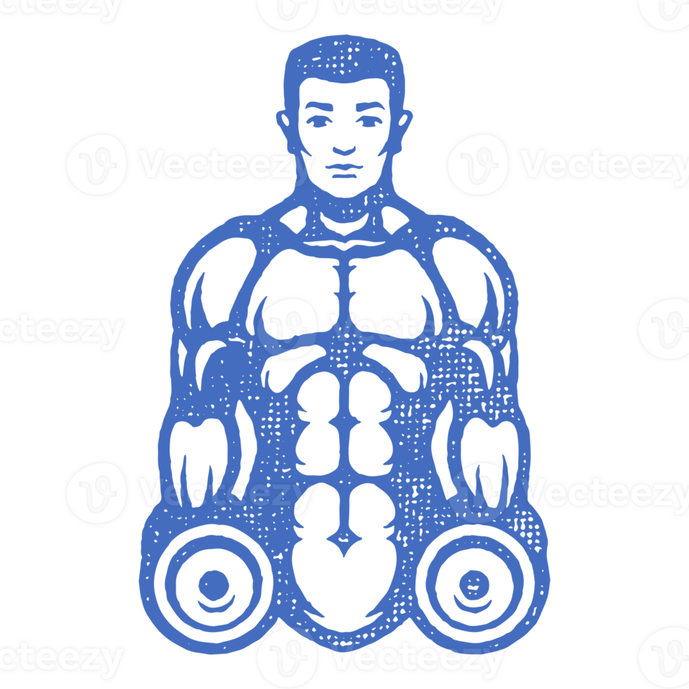 Muscular sportsman with dumbbells silhouette hand drawn stamp vintage illustration. png