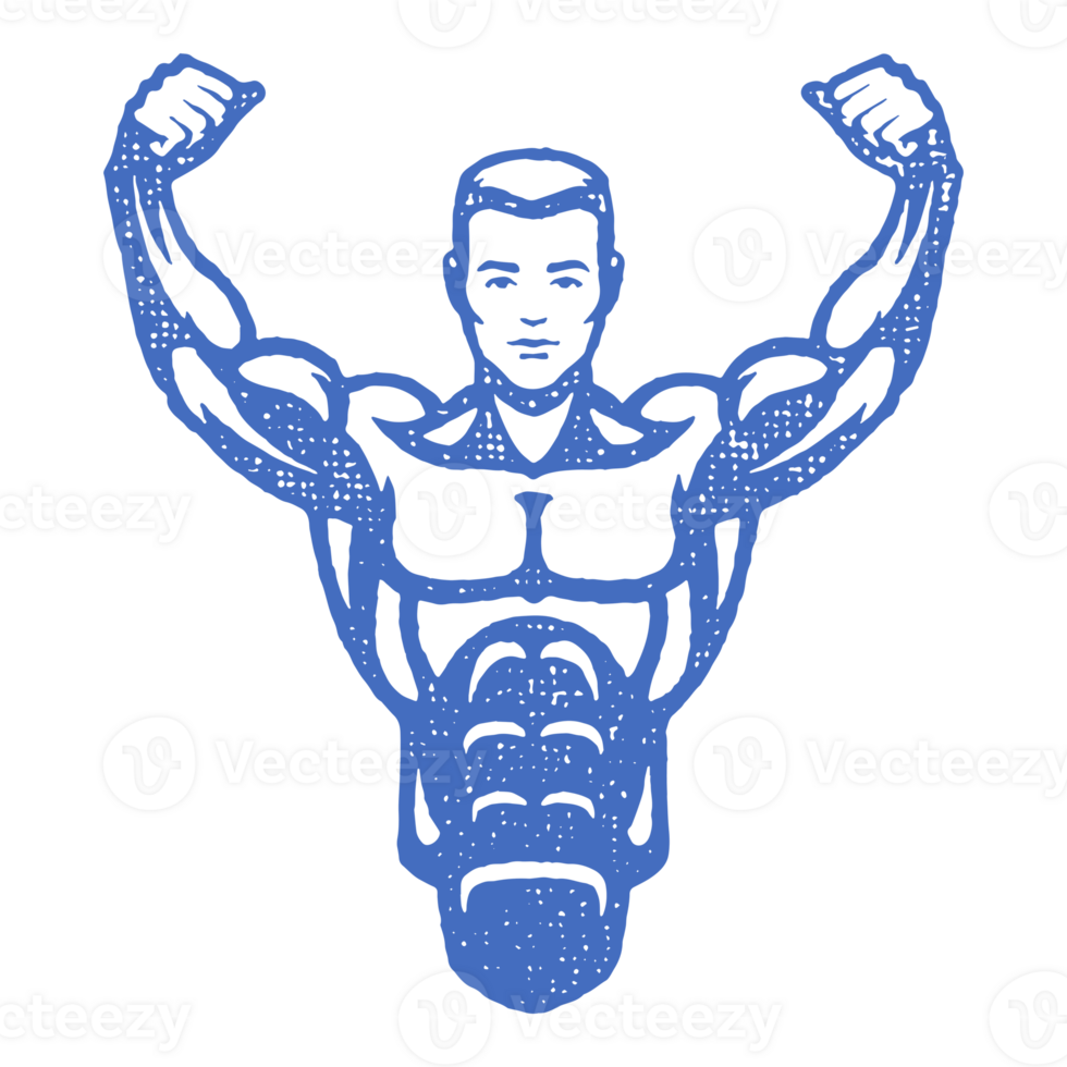 Powerful bodybuilder showing muscles silhouette hand drawn stamp vintage illustration. png