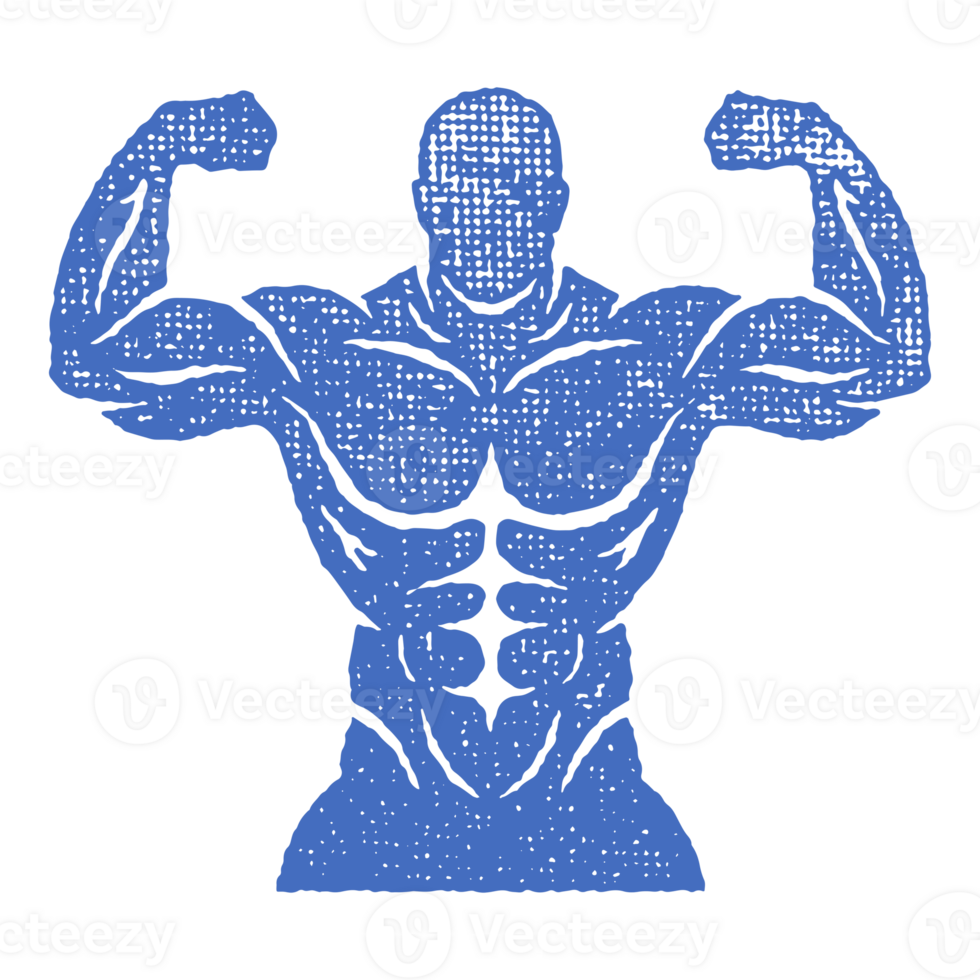 Powerful bodybuilder showing muscles silhouette hand drawn stamp vintage illustration. png