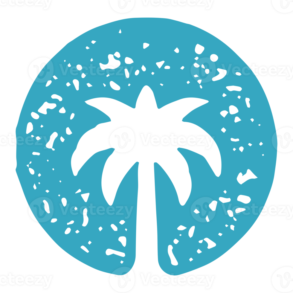 Monochrome blue palm tree circle silhouette hand drawn decorative design grunge texture png