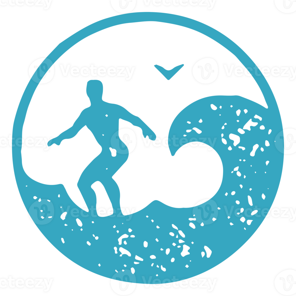 Hand drawn surfer riding on board at sea wave seagull circle log png