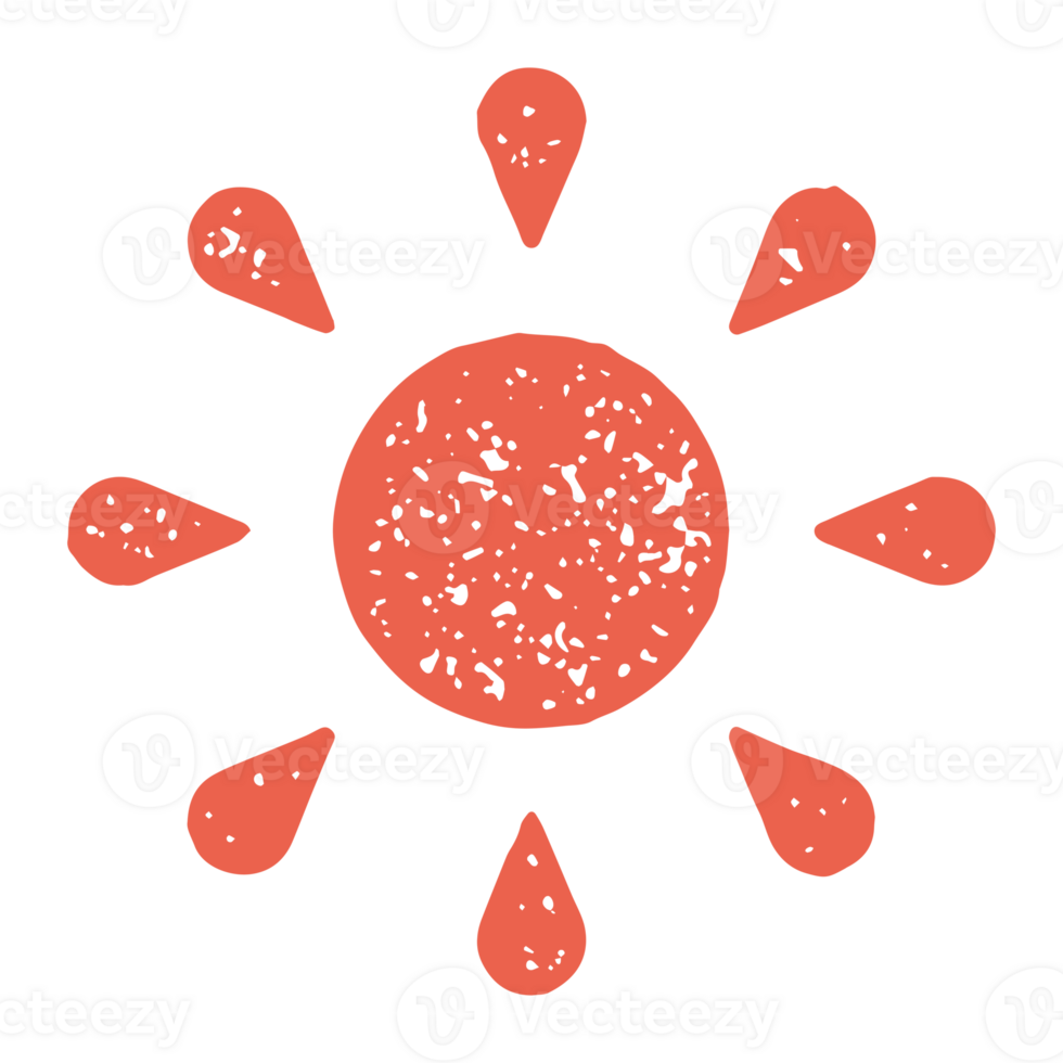 Hand drawn decorative childish red sun with rays logotype of summer travel vacation grunge texture png