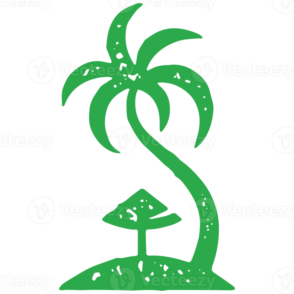 Curved natural palm tree with sun umbrella on wild island at ocean monochrome grunge texture png