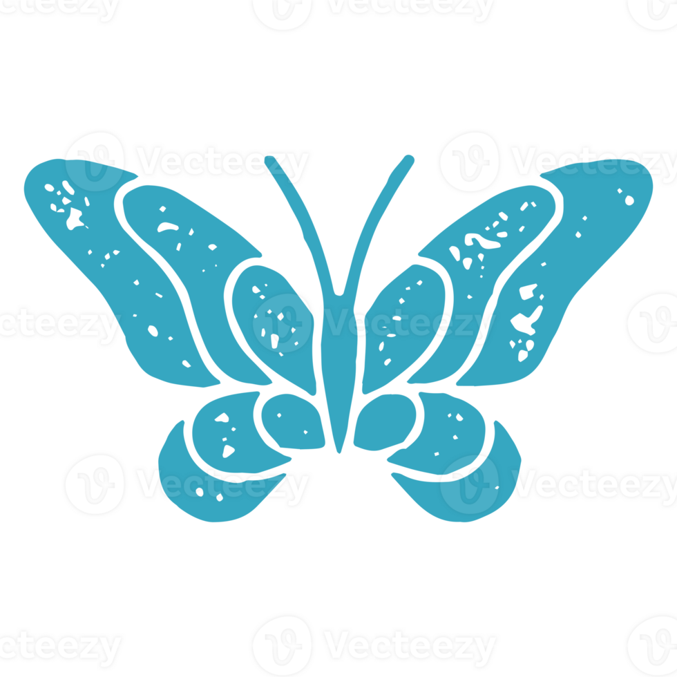 Monochrome blue ornamental butterfly with curved wings and mustache decorative design grunge texture png