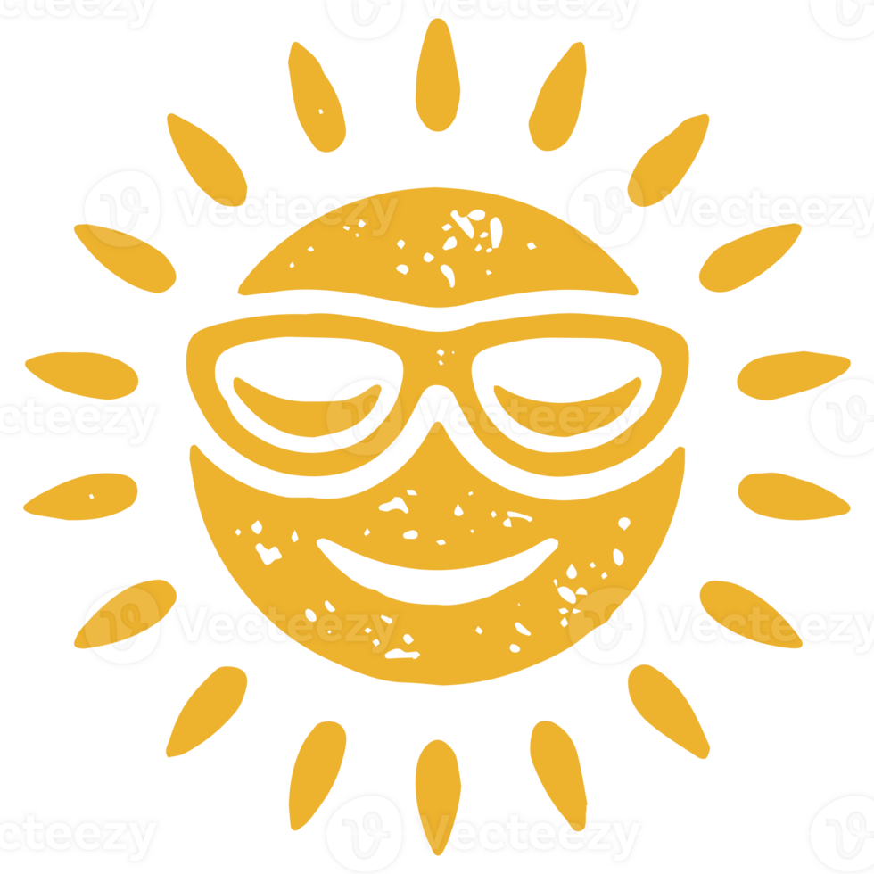 Cute yellow sun smiling face wearing sunglasses with bright rays decorative design grunge texture png