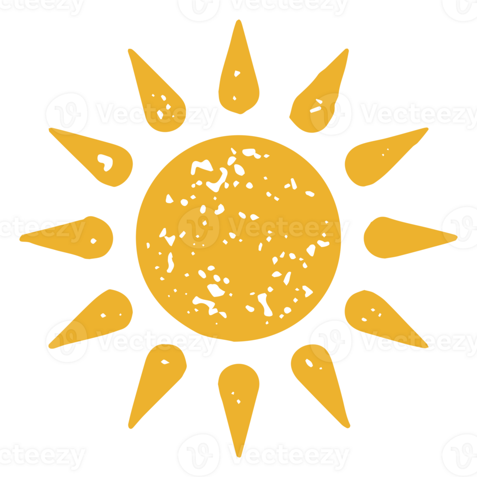 Bright yellow round sun with beams monochrome simple grunge texture illustration png