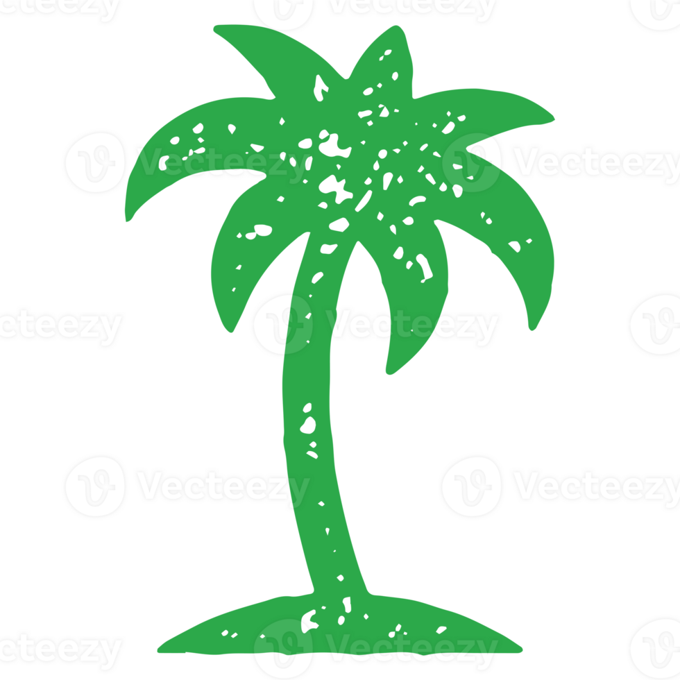 Curved natural palm tree with trunk and leaves green grunge texture decorative illustration png