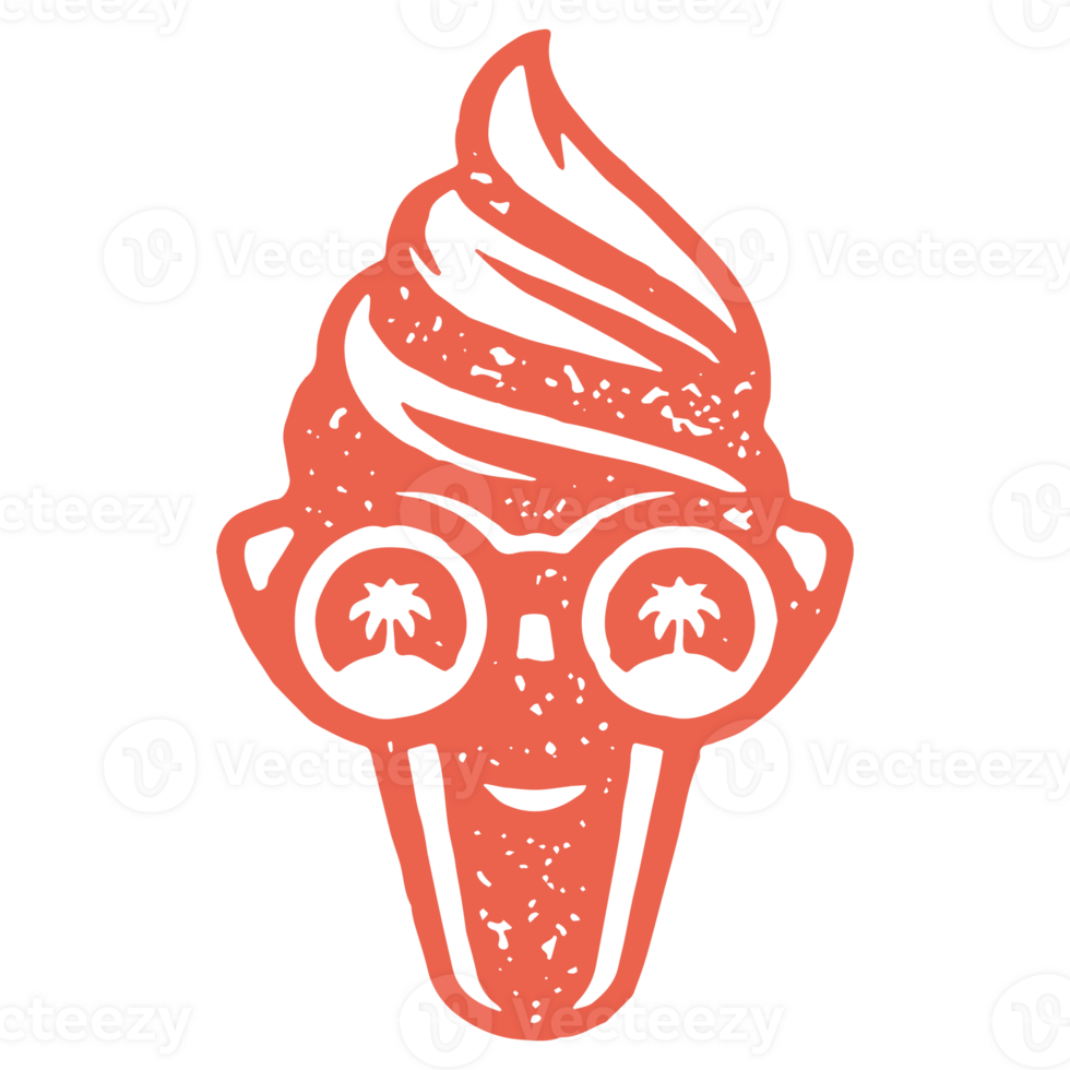 Funny ice cream character wearing sunglasses with palm tree reflection red minimalist grunge texture png