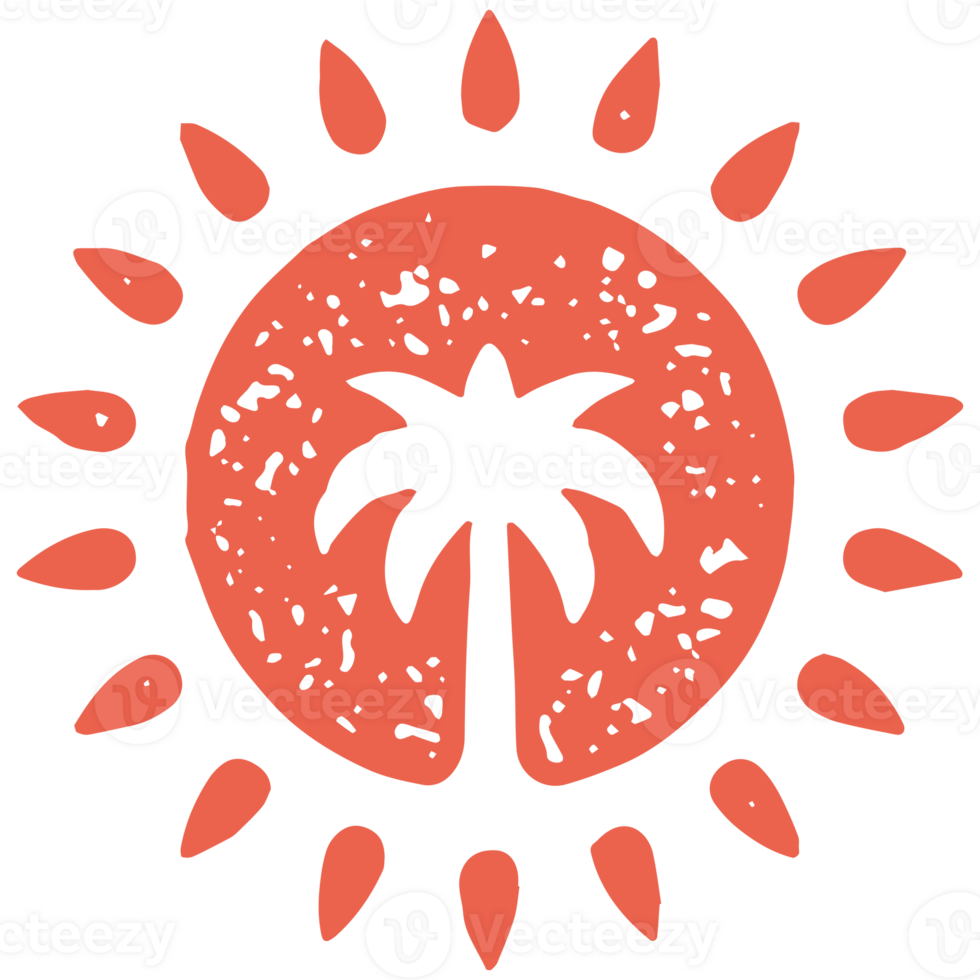 Tropical palm tree silhouette circle sun beams red logotype grunge texture illustration png