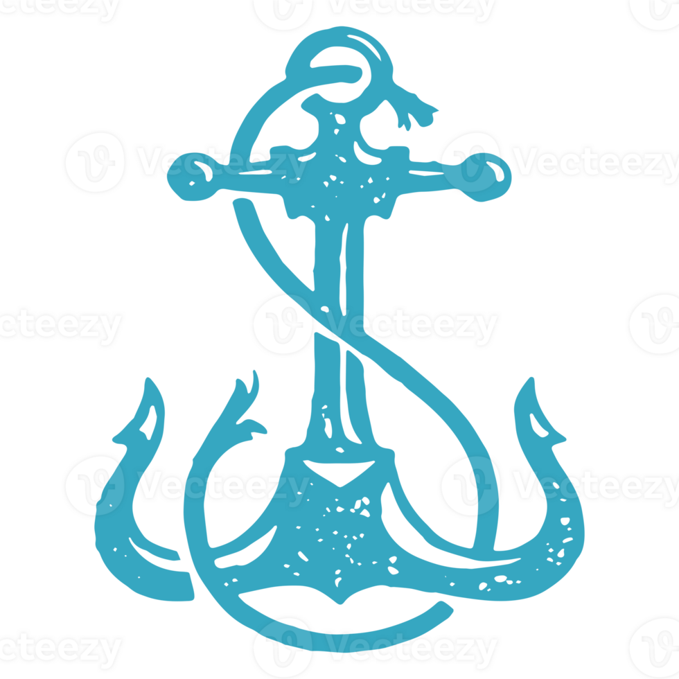Vintage sharp nautical anchor with rope for ship safety parking blue grunge texture png