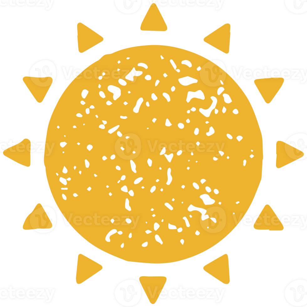 Cute big yellow decorative round sun with triangle beams hand drawn minimalist design grunge texture png
