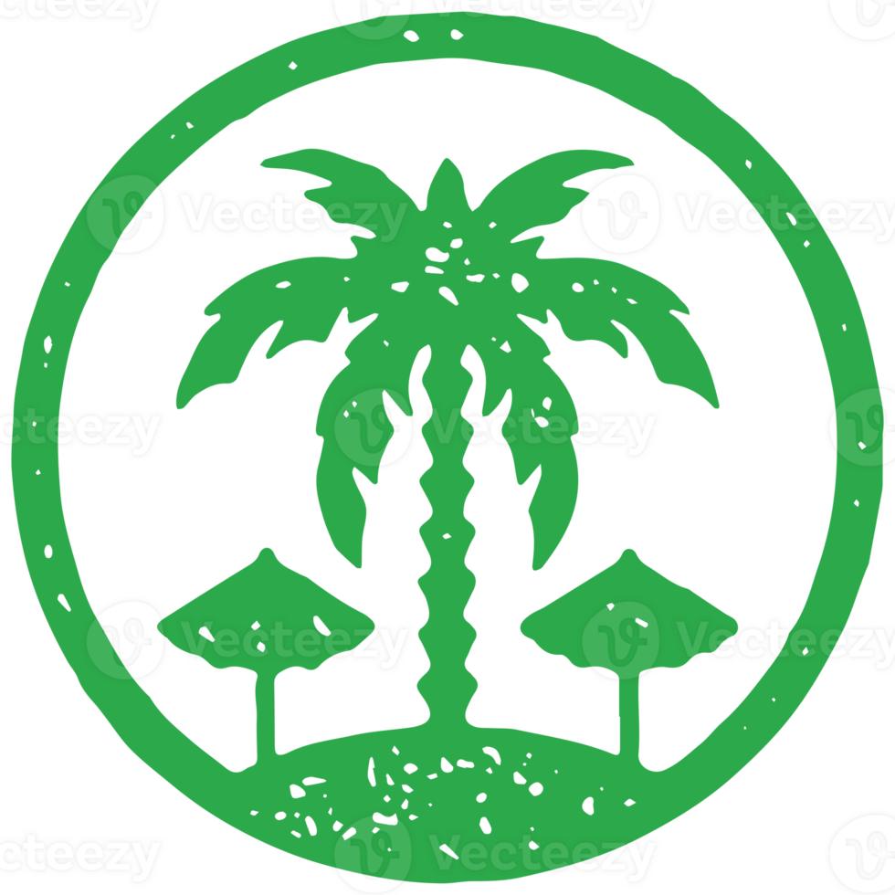 Romantic tropical circle frame logo with palm tree island and two sunbathing umbrella grunge texture png