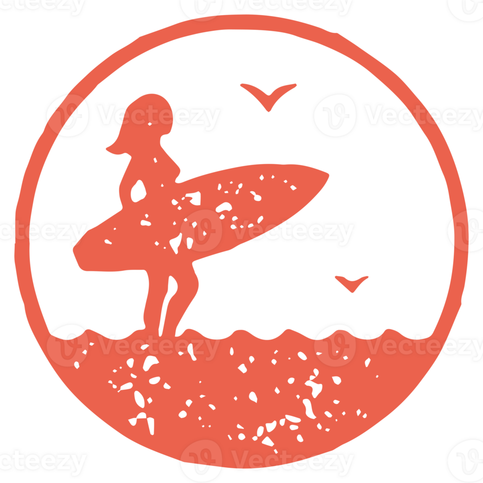 Female surfer holding surfboard standing sea water with seagulls red circle logotype grunge texture png