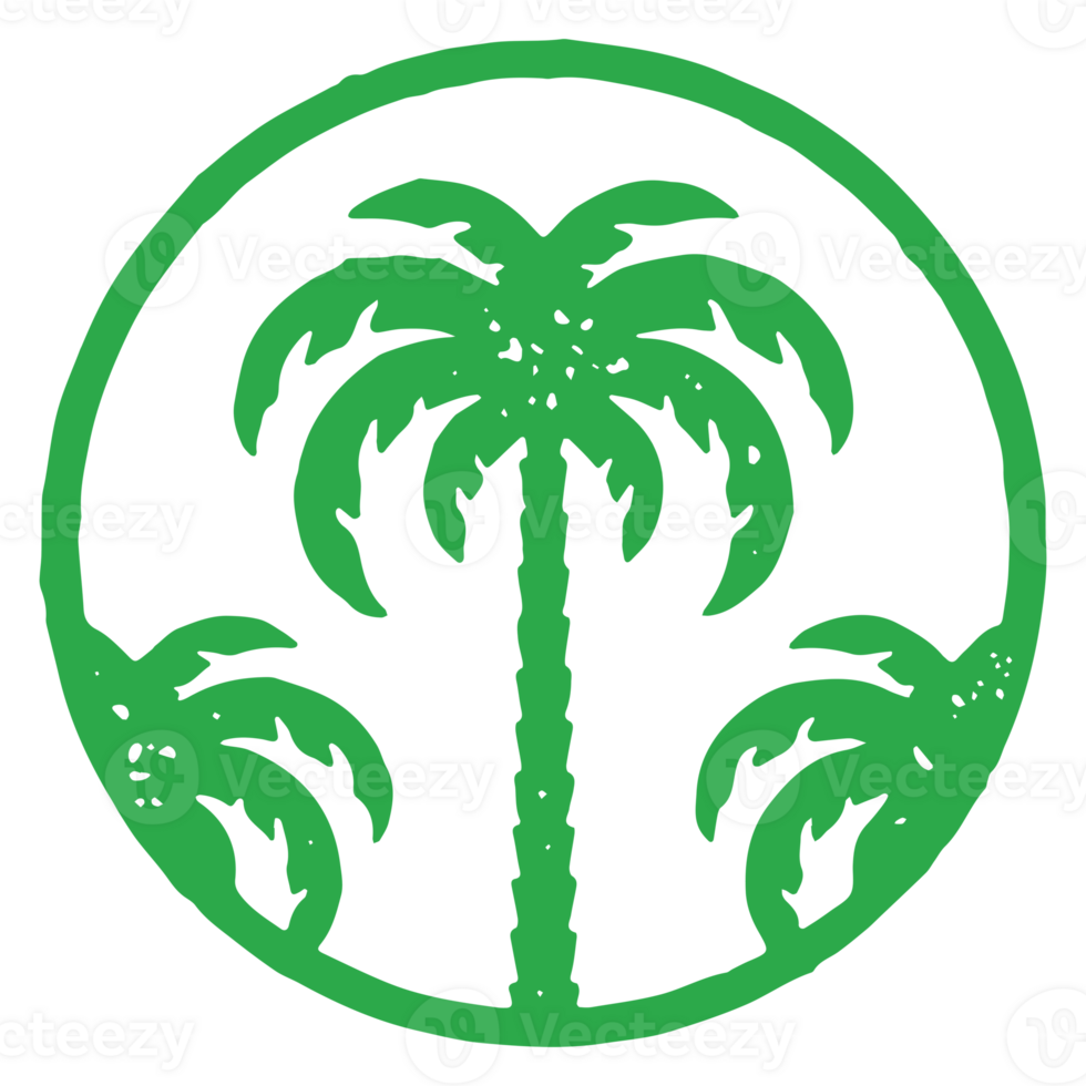 Natural palm trees in circle frame sea beach resort logotype hand drawn grunge texture png
