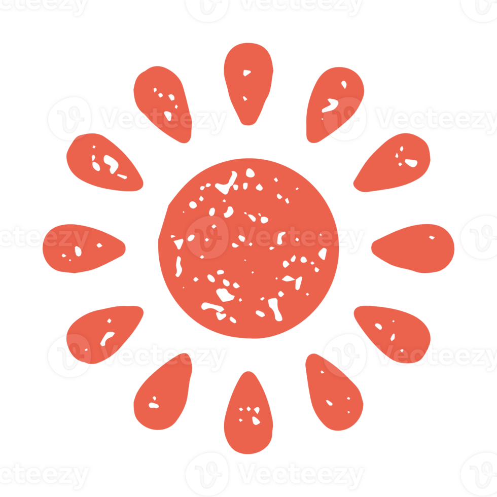 Red burning sun with curved drop shape rays heat warm summer temperature hand drawn grunge texture png
