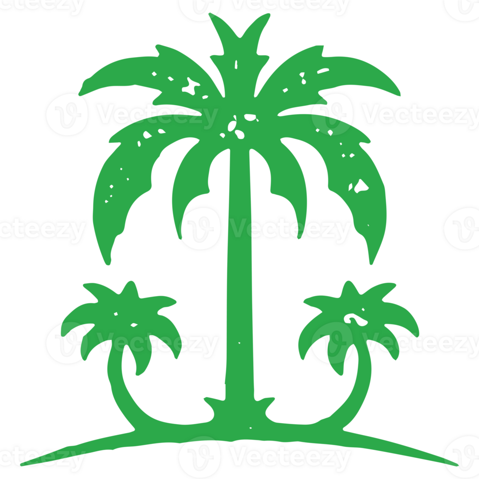 Tropical island landscape with three natural palm trees green hand drawn grunge texture png
