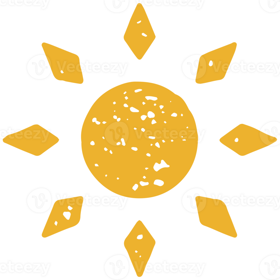 Bright circle yellow sun with beams rhombus shape hand drawn grunge texture illustration png