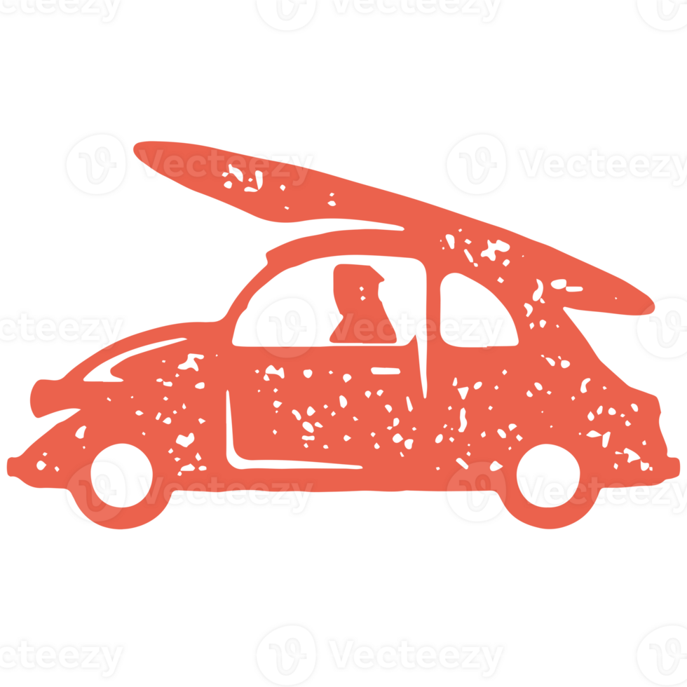 Red hipster retro car transportation surfboard on roof hand drawn grunge texture illustration png