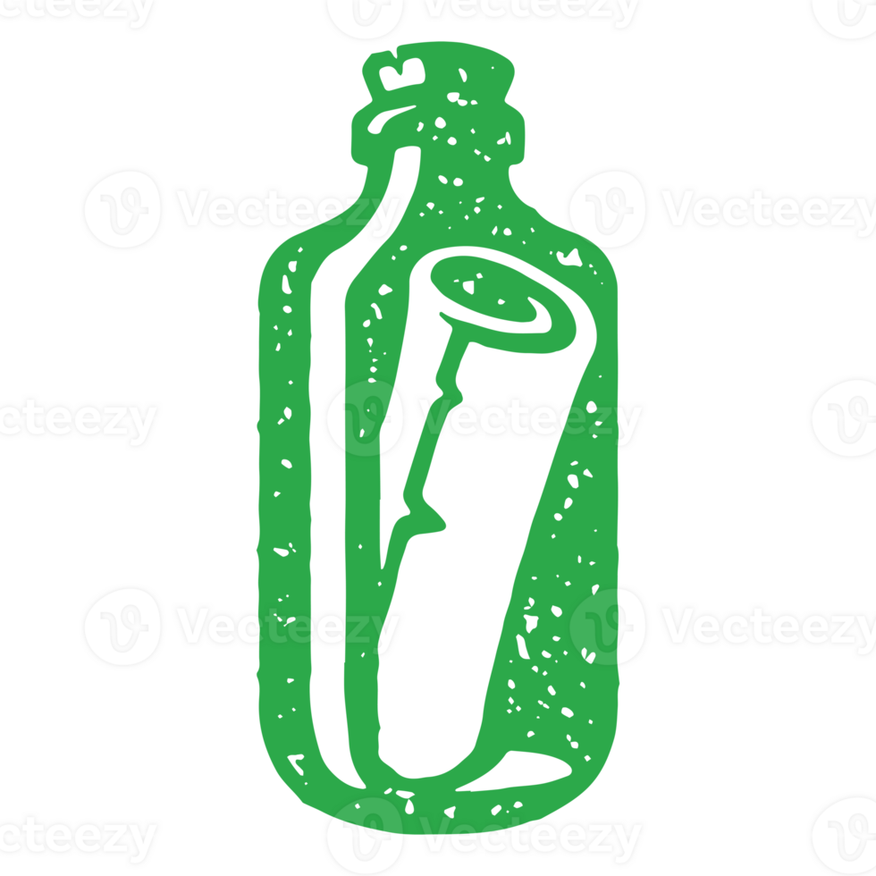 Green transparent glass bottle with rolled paper letter message inside hand drawn grunge texture png